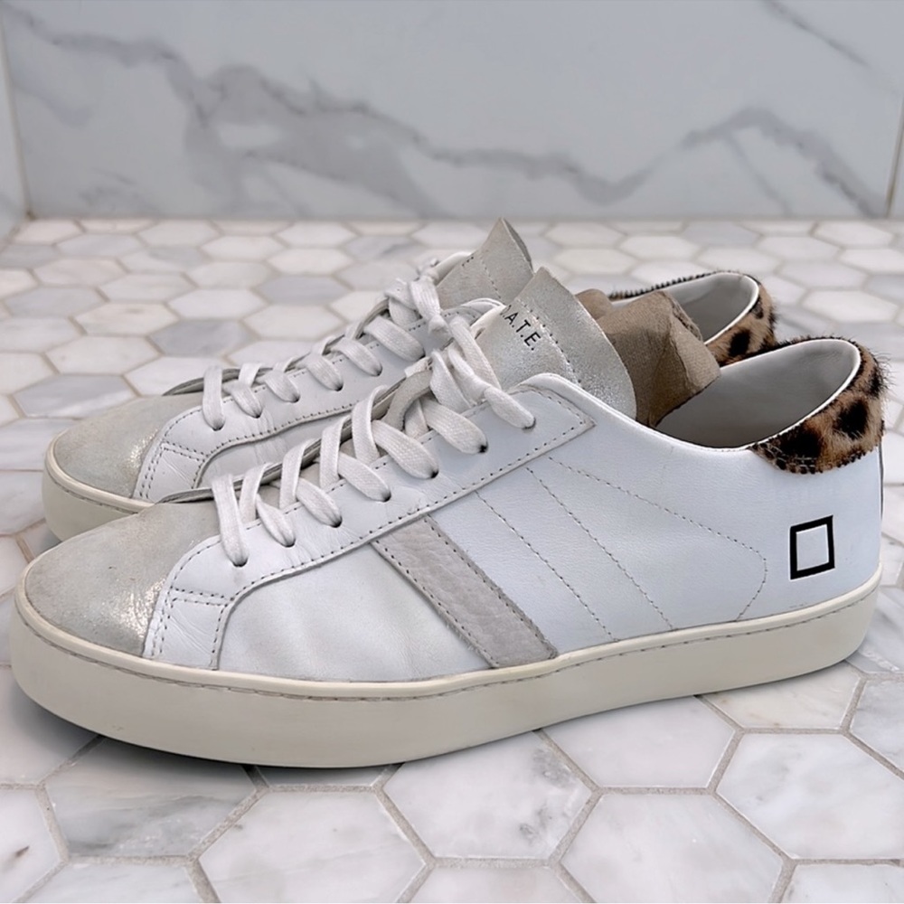 D.A.T.E. White Leather Leopard Calf Metallic Low-Top Trainers Sneakers Women’s 7